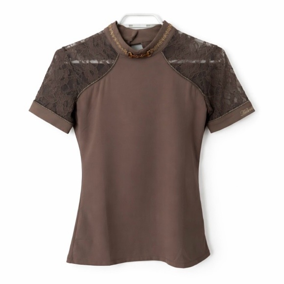 Harrison Howard Tops - Harrison Howard Equestrian Riding Shirt Lace Stretch Gold Bit Collar Sport Top